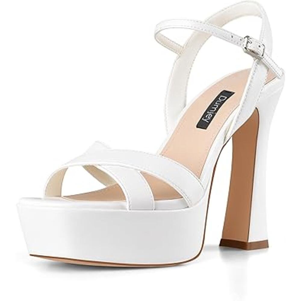 Dumjey Womens Size 7.5 White Open Toe 5" Block Heel Platform Sandal Shoes
